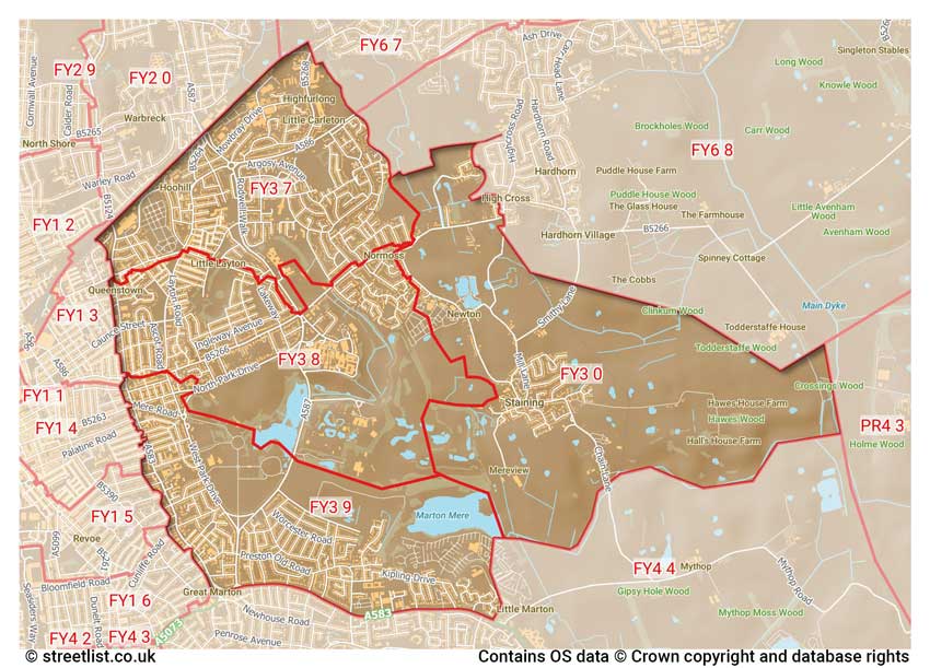 map showing postcode sectors within the FY3 district