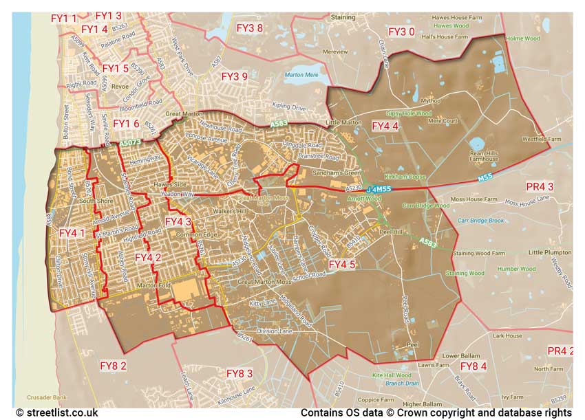 map showing postcode sectors within the FY4 district