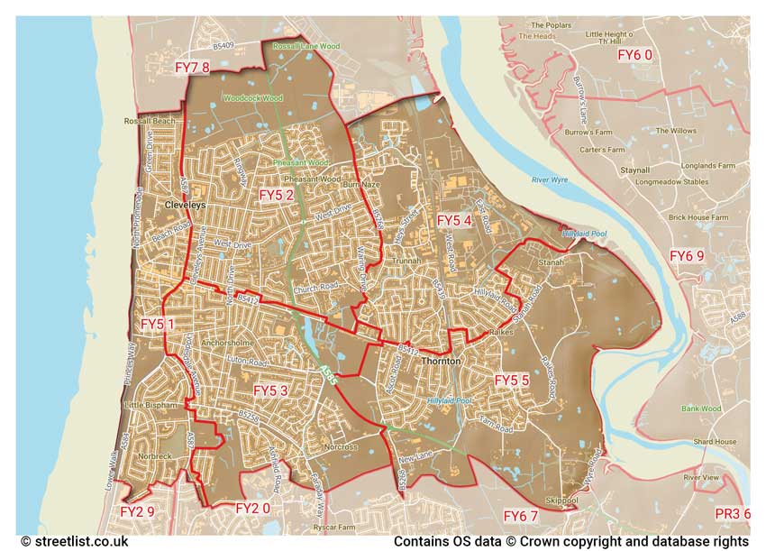 map showing postcode sectors within the FY5 district