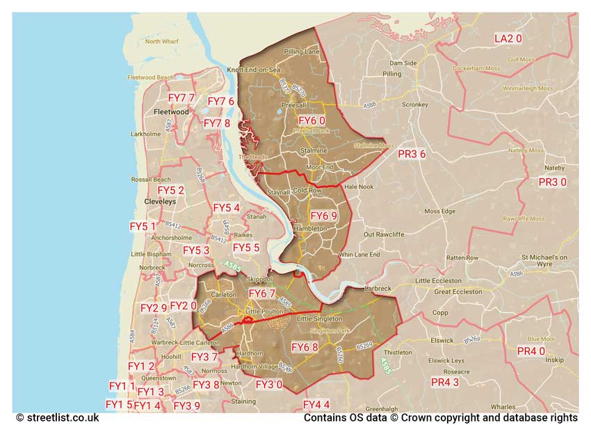 map showing postcode sectors within the FY6 district