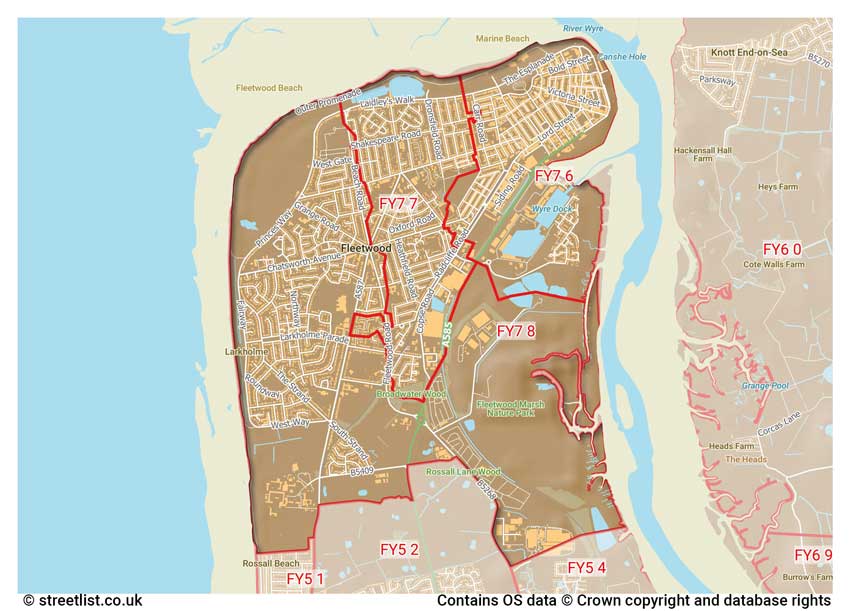 map showing postcode sectors within the FY7 district