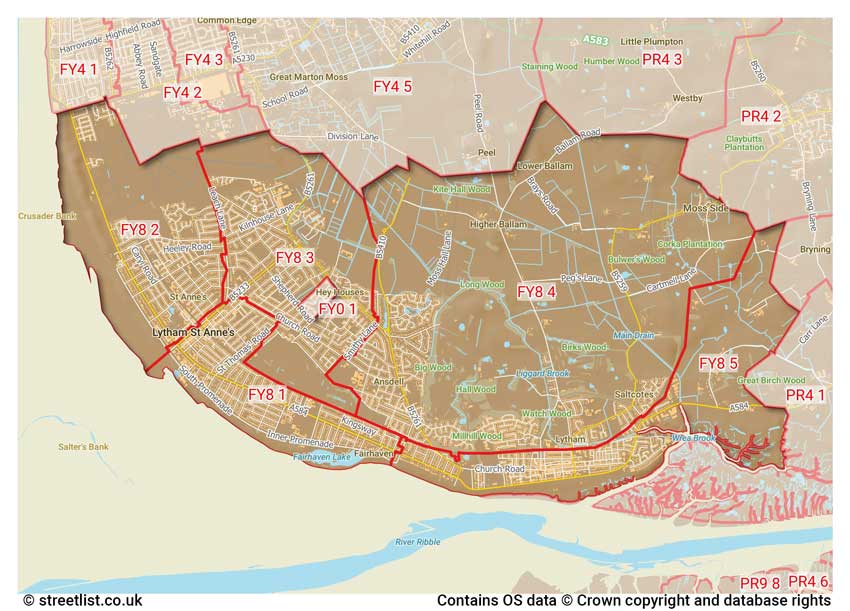 map showing postcode sectors within the FY8 district