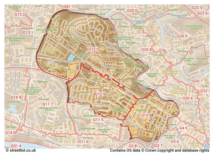 map showing postcode sectors within the G12 district