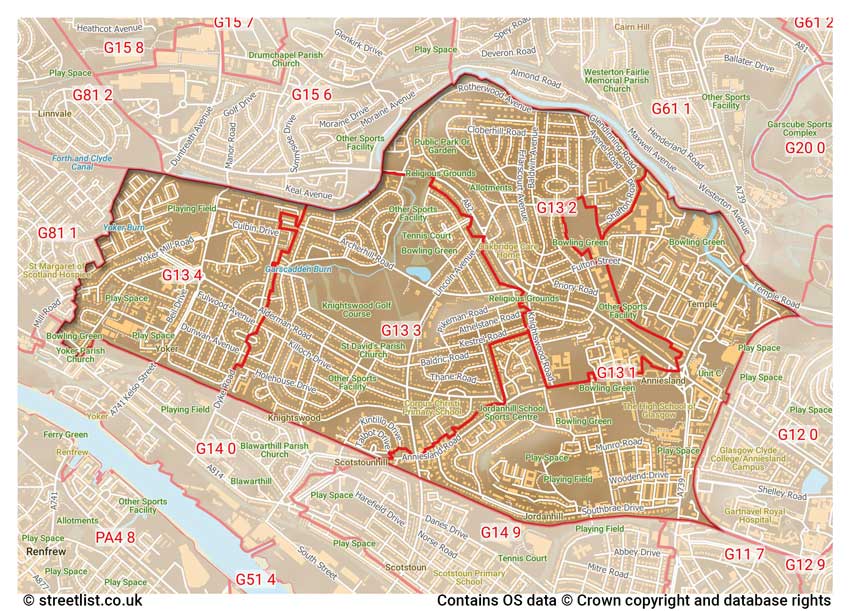 map showing postcode sectors within the G13 district