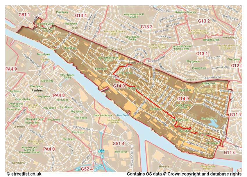 map showing postcode sectors within the G14 district