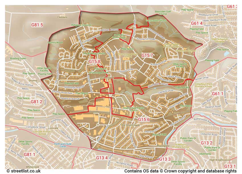 map showing postcode sectors within the G15 district