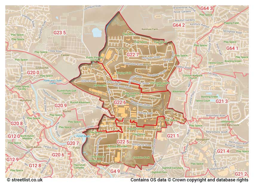 map showing postcode sectors within the G22 district