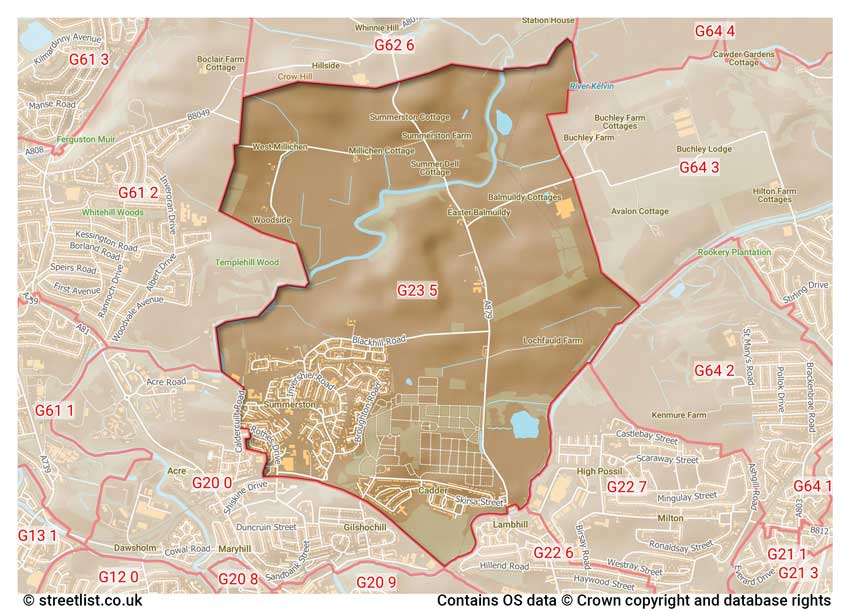 map showing postcode sectors within the G23 district