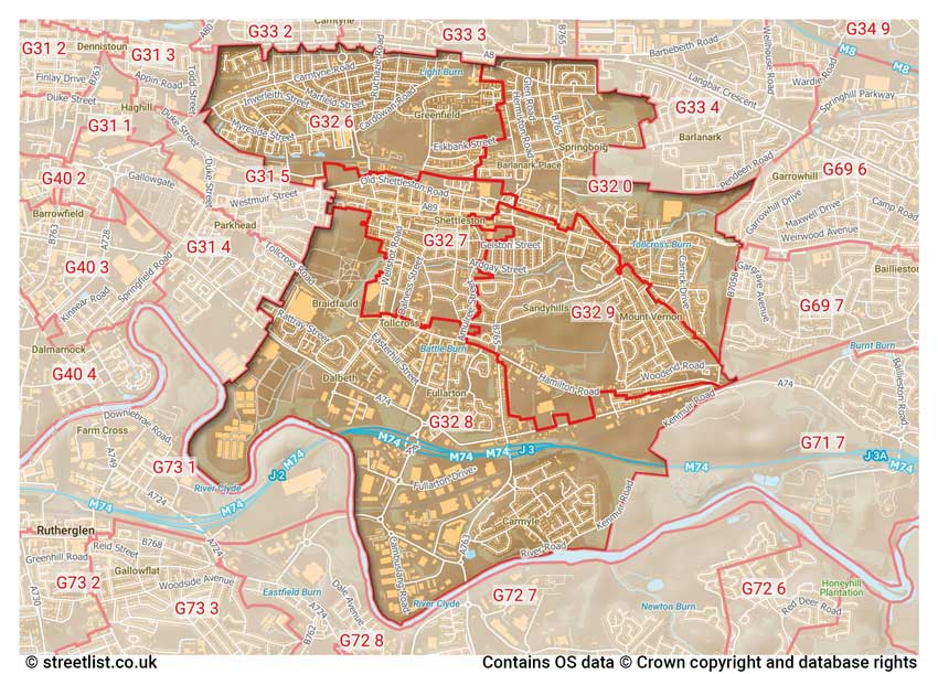 map showing postcode sectors within the G32 district