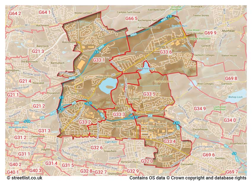 map showing postcode sectors within the G33 district