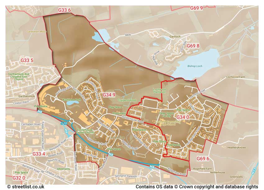 map showing postcode sectors within the G34 district