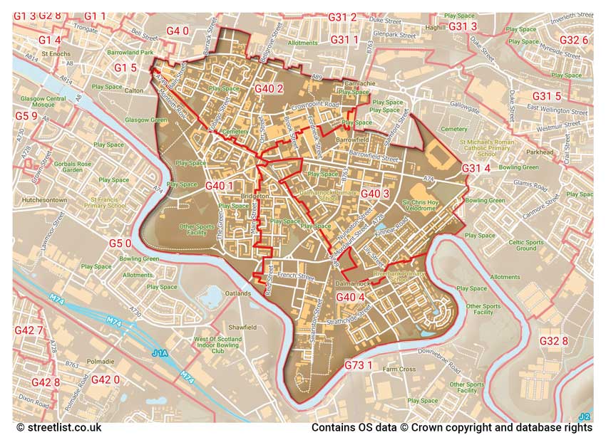 map showing postcode sectors within the G40 district