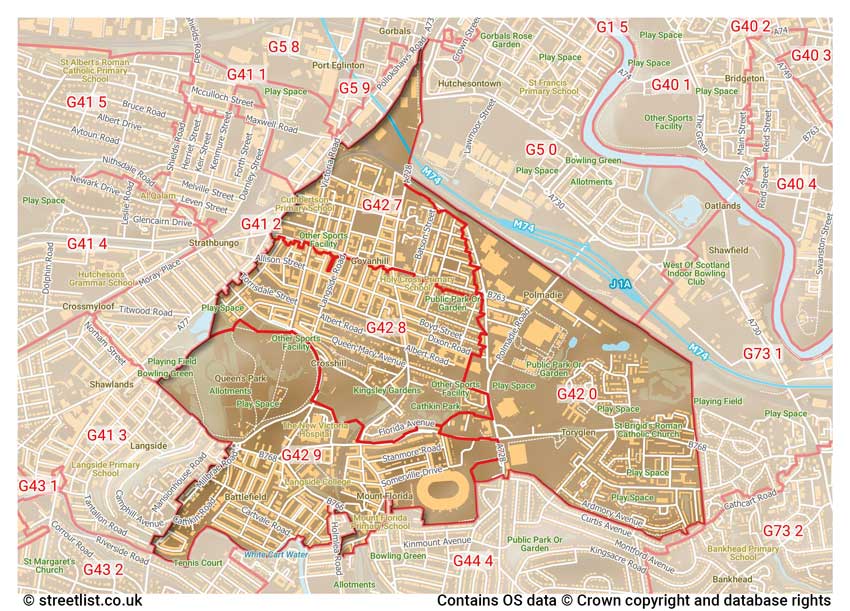 map showing postcode sectors within the G42 district