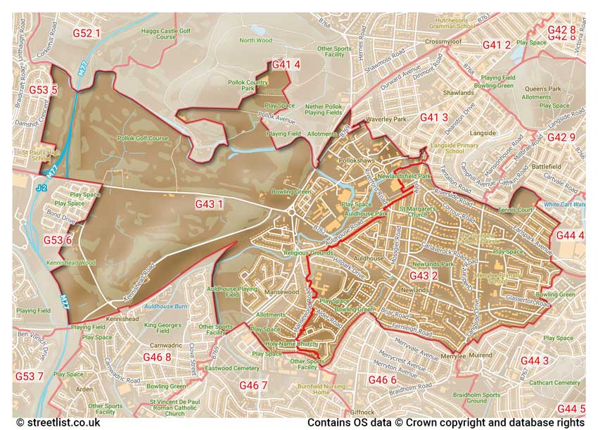 map showing postcode sectors within the G43 district