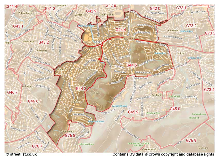 map showing postcode sectors within the G44 district