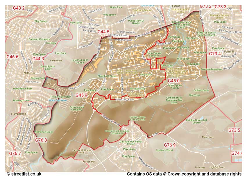 map showing postcode sectors within the G45 district