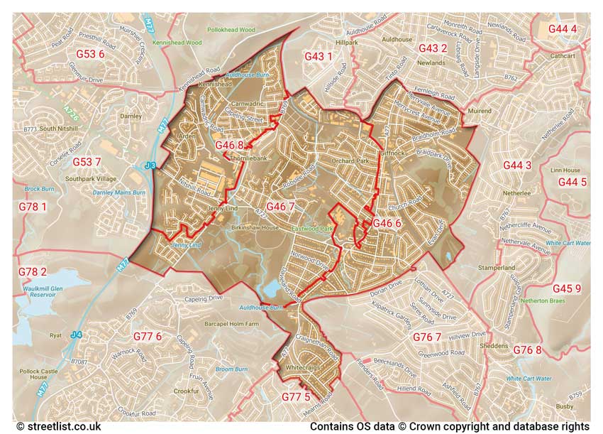 map showing postcode sectors within the G46 district