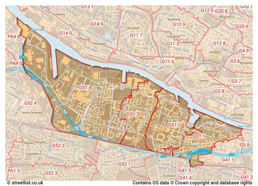 map showing postcode sectors within the G51 district