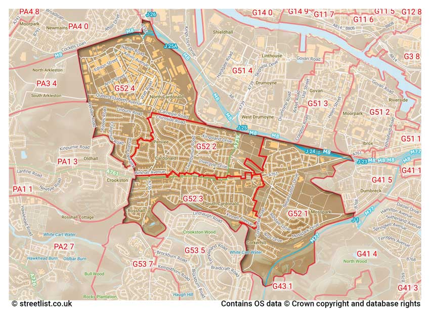 map showing postcode sectors within the G52 district