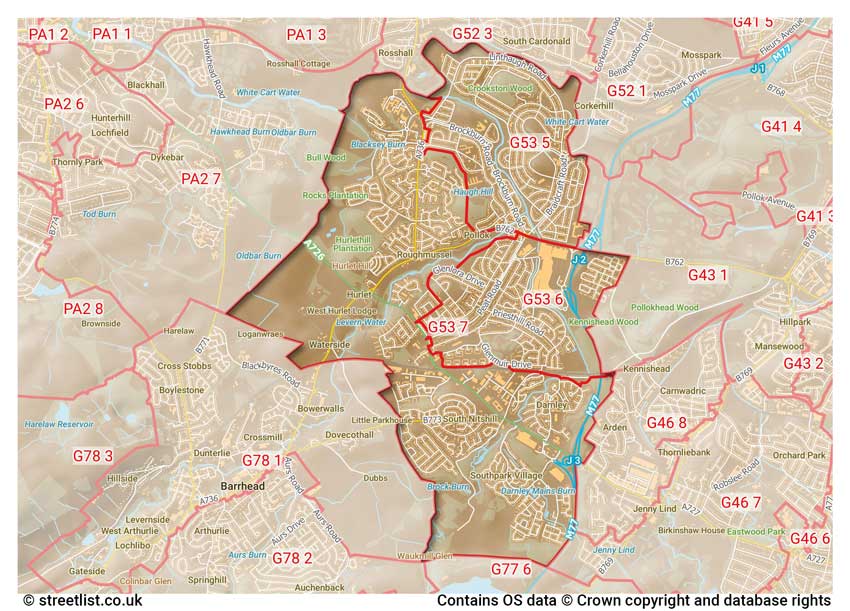 map showing postcode sectors within the G53 district