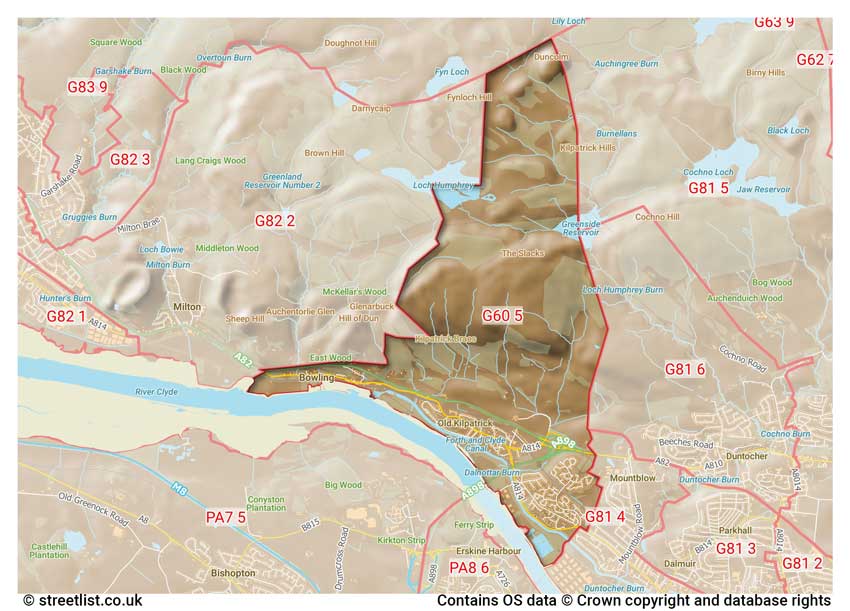 map showing postcode sectors within the G60 district