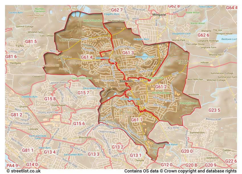 map showing postcode sectors within the G61 district