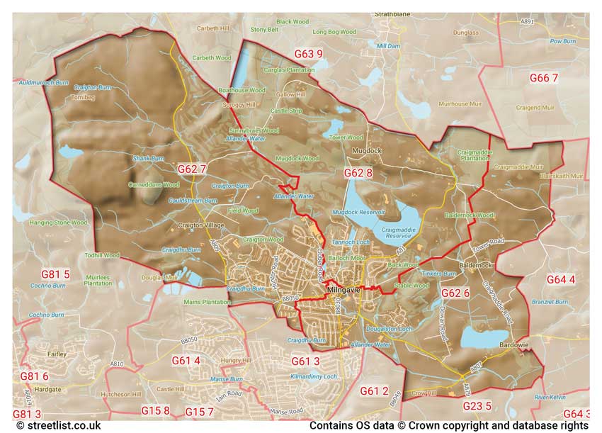 map showing postcode sectors within the G62 district