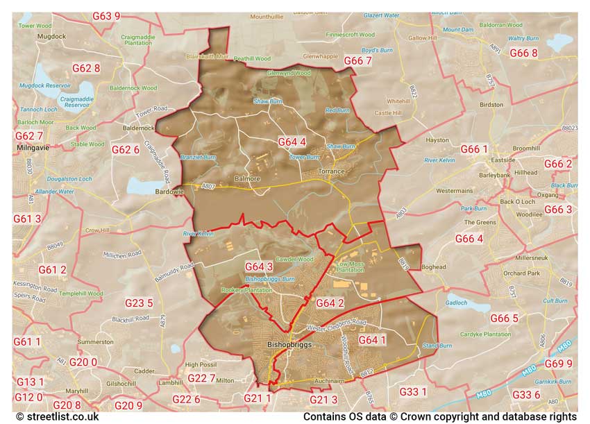 map showing postcode sectors within the G64 district