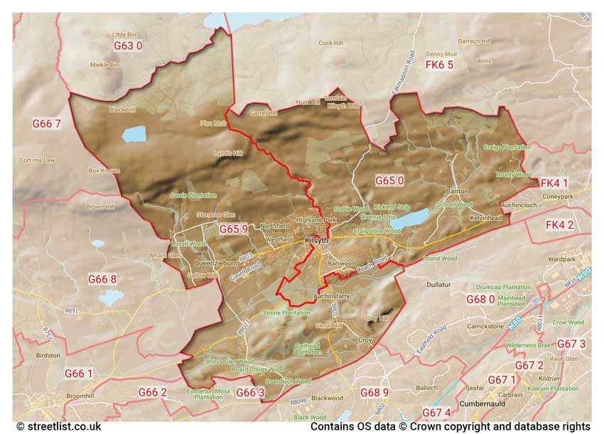 map showing postcode sectors within the G65 district