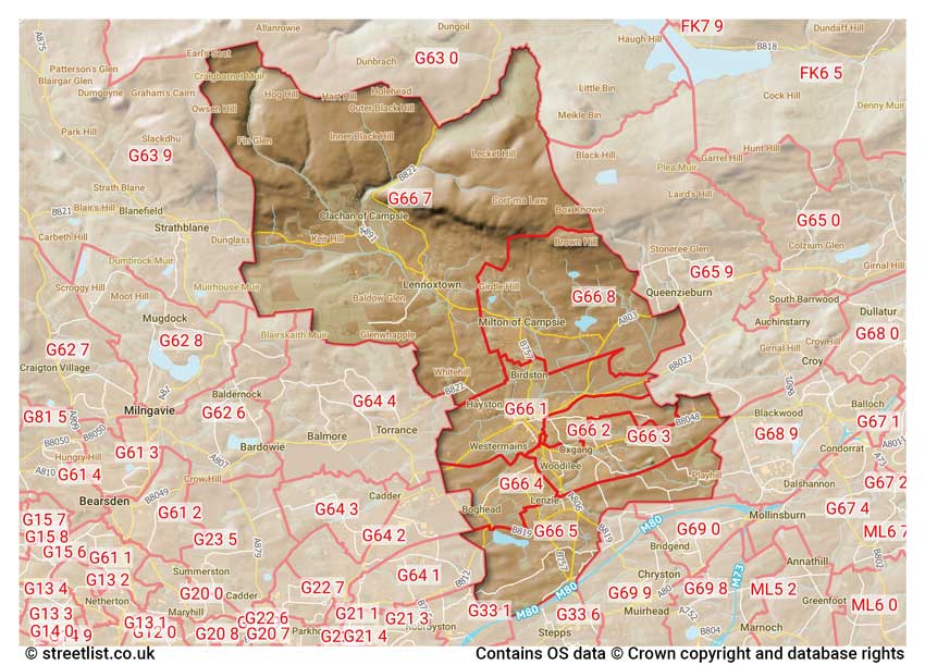 map showing postcode sectors within the G66 district