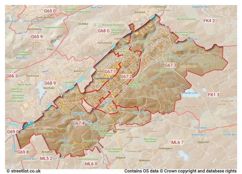 map showing postcode sectors within the G67 district