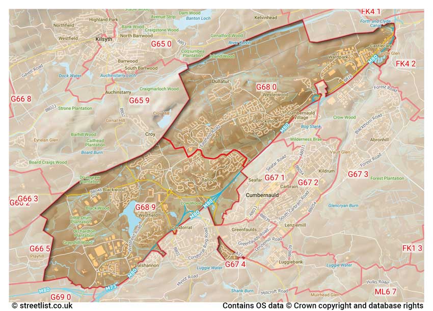 map showing postcode sectors within the G68 district