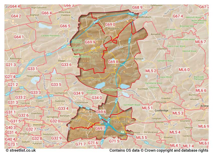 map showing postcode sectors within the G69 district