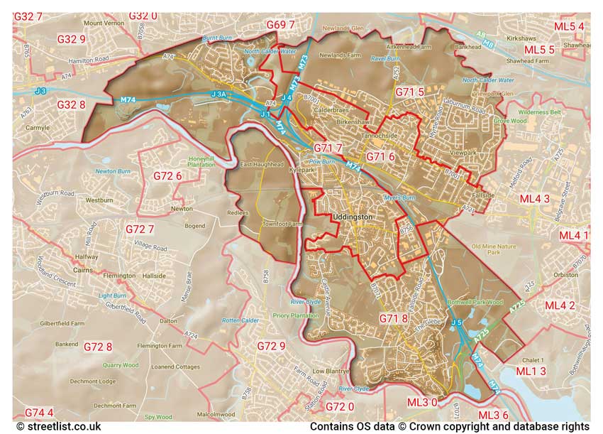 map showing postcode sectors within the G71 district