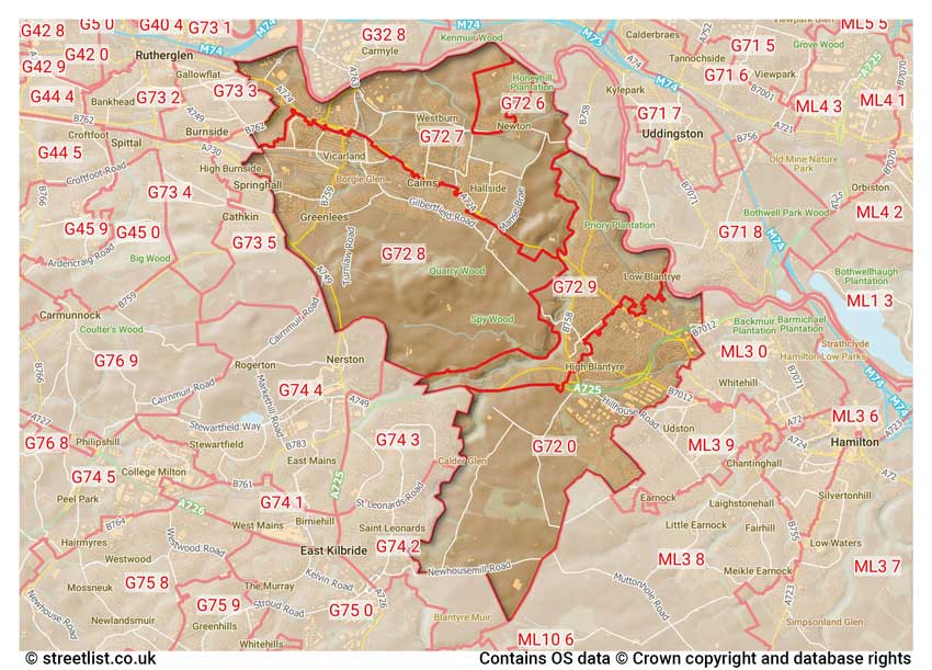 map showing postcode sectors within the G72 district