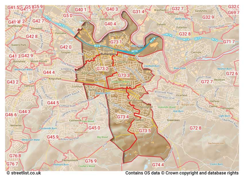 map showing postcode sectors within the G73 district