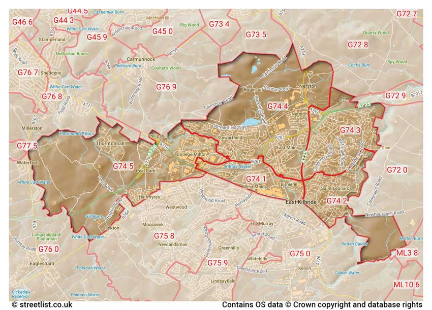 map showing postcode sectors within the G74 district