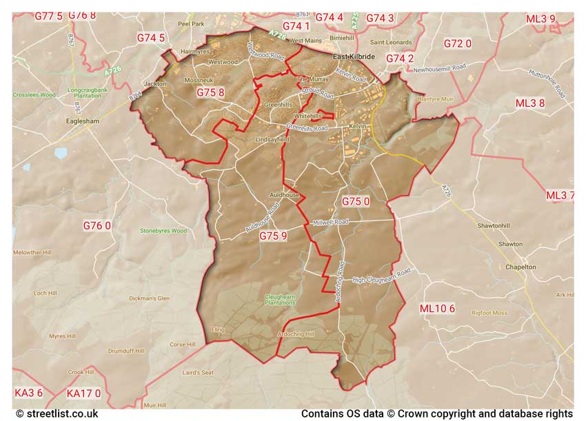 map showing postcode sectors within the G75 district