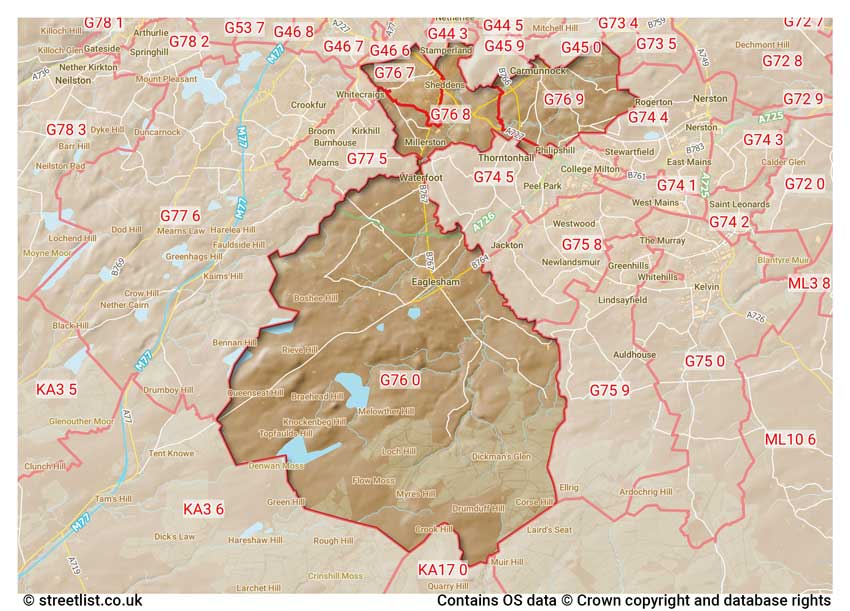 map showing postcode sectors within the G76 district