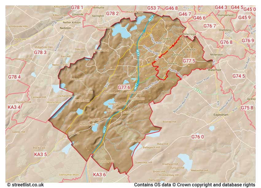 map showing postcode sectors within the G77 district