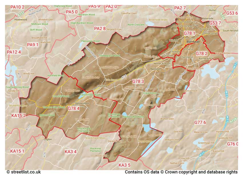 map showing postcode sectors within the G78 district