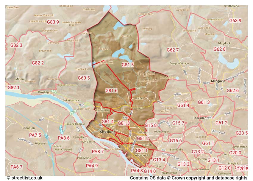 map showing postcode sectors within the G81 district