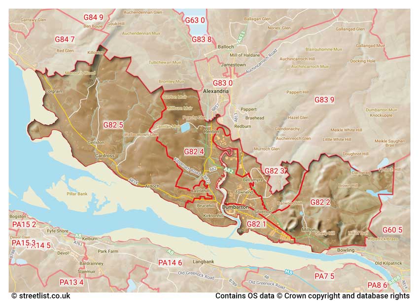 map showing postcode sectors within the G82 district