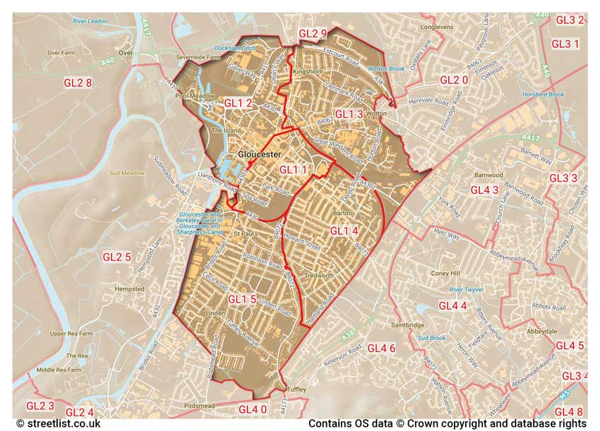 map showing postcode sectors within the GL1 district