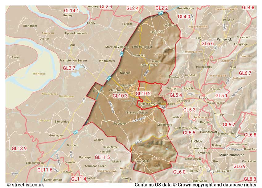 map showing postcode sectors within the GL10 district