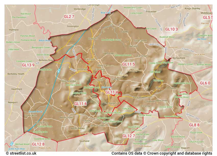 map showing postcode sectors within the GL11 district