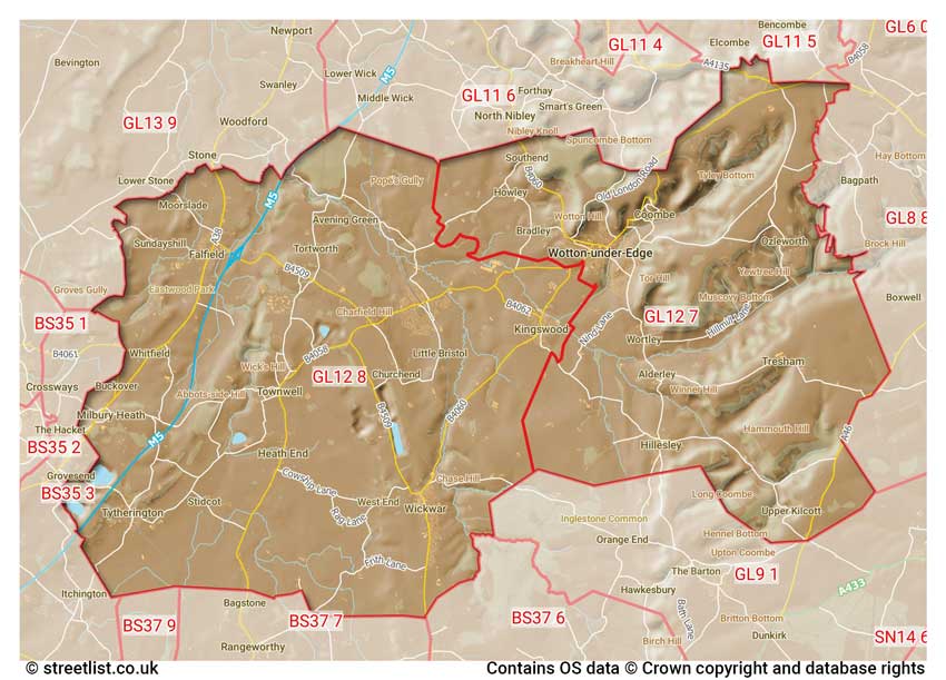 map showing postcode sectors within the GL12 district