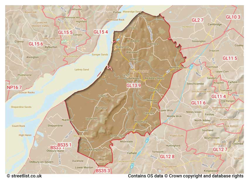 map showing postcode sectors within the GL13 district