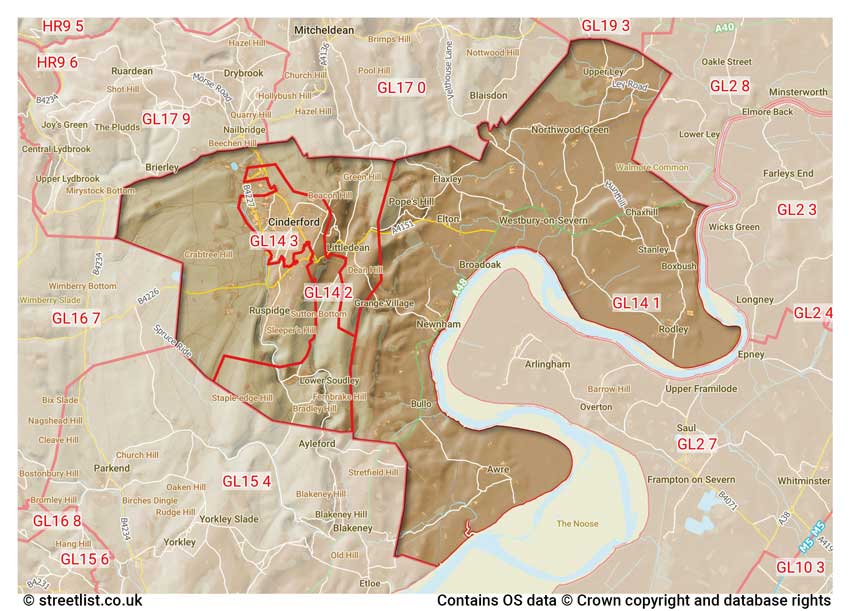 map showing postcode sectors within the GL14 district