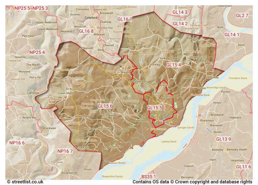 map showing postcode sectors within the GL15 district